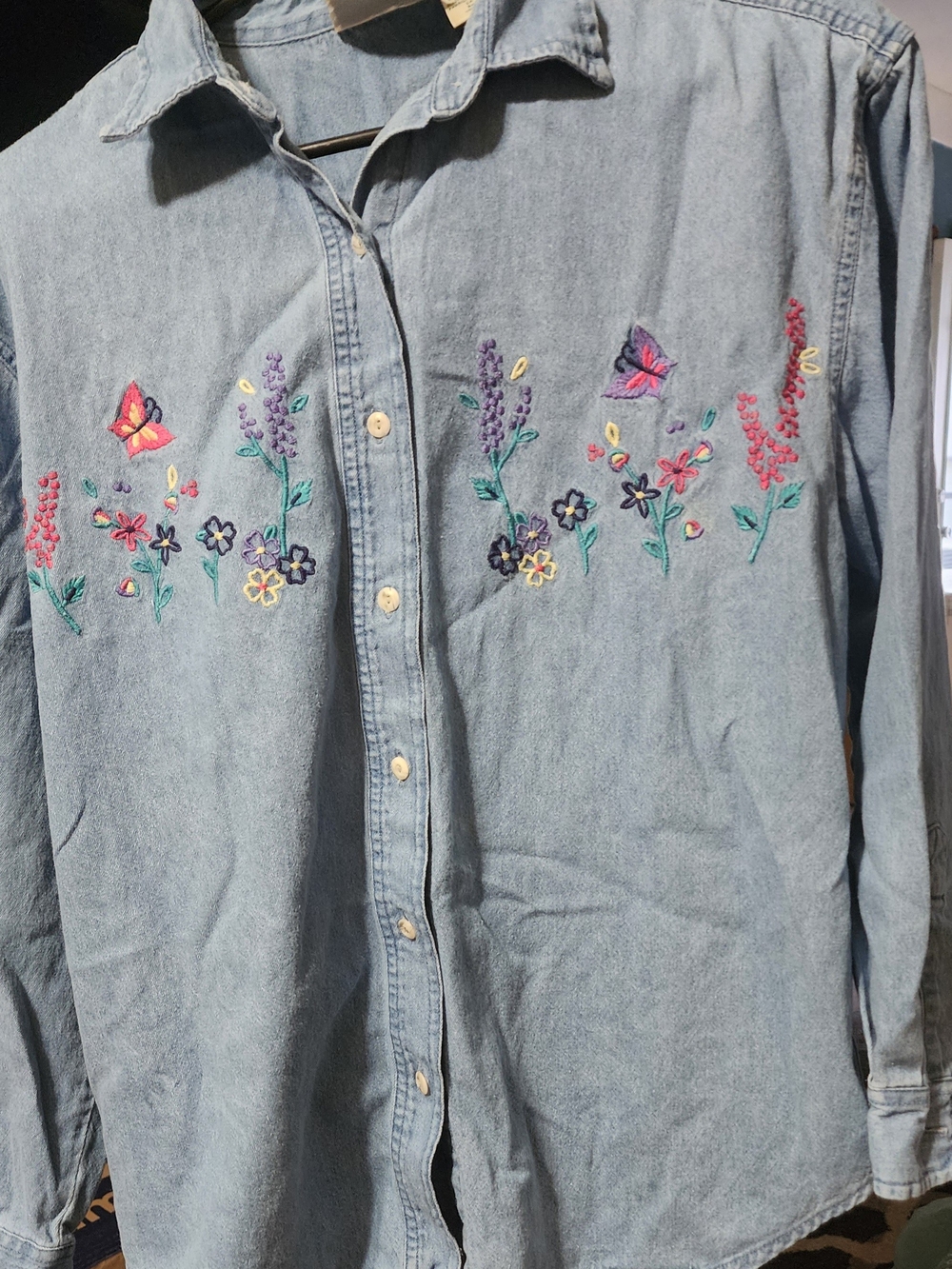 Light Blue Embroidered Denim Women's Shirt - Floral Butterfly Detail Sz SM